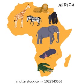 African animals ( giraffe, zebra, lion, gorilla, hippo, crocodile, elephant)  against the silhouette of the African continent