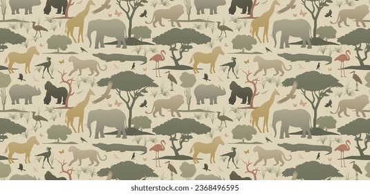 African animals in the habitat seamless pattern. Vector silhouettes of wildlife. Earthy color palette gradient illustration. Wild nature wallpaper for home decoration, fabric, postcard, print, poster.
