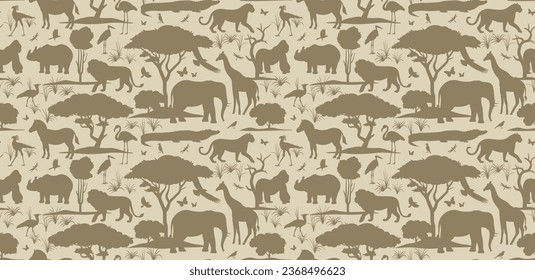 African animals in the habitat seamless pattern. Vector silhouette illustration of wildlife. Wild nature wallpaper for home decoration, fabric, postcard, print, poster etc.