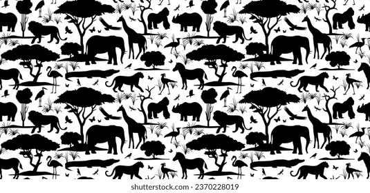 African animals in the habitat seamless pattern. Vector black silhouette illustration of wildlife on white background. Wild nature wallpaper.