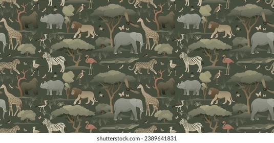 African animals in the habitat seamless pattern on dark background. Earthy color palette illustration. Exotic nature wallpaper for home decoration, fabric, postcard.