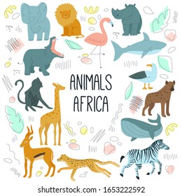 African animals hand drawn cartoon characters vector illustration. Set of isolated zoo animals rhino, hippo, giraffe, hyena and cheetah. Wildlife in Africa, nature of savanna desert and ocean