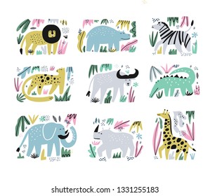 African animals hand drawn flat illustrations set. Jungle, rainforest, savanna fauna sketch cliparts. Zoo, safari mammals characters. Cartoon lion, crocodile, giraffe, zebra. Wildlife design elements 