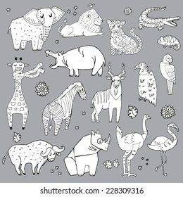 African animals hand drawn illustration vector set.