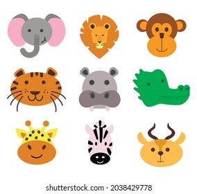 African animals heads Icons in Flat style