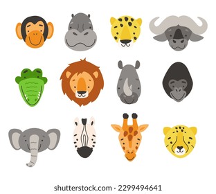 African animals heads. Vector cartoon set. Safari animals clip art.