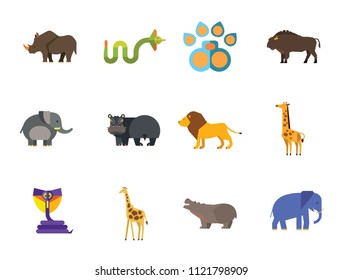 African Animals Icon Set. Paw Trace Zebra Lion Rhinoceros Cobra Hippopotamus Big Elephant Ox Giraffe Fat Elephant Crying Hippo Angry Cobra Young Giraffe