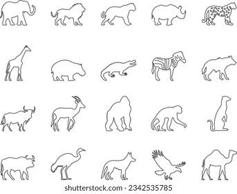 African Animals Icons Set. Elephant, Giraffe, Lion, Zebra. Editable Stroke. Simple Icons Vector Collection