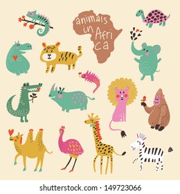 African animals: iguana, turtle, elephant, tiger, hippopotamus, crocodile, rhinoceros, lion, gorilla, camel, ostrich, giraffe, zebra in vector. Funny cartoon animals in bright colors. Childish set