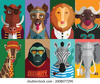 African animals illustrations icons flat
