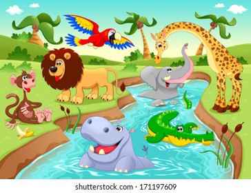 African animals in the jungle. Cartoon and vector illustration.