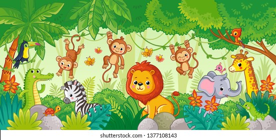 African animals in the jungle. Cute cartoon animals. Set of animals. - Shutterstock ID 1377108143