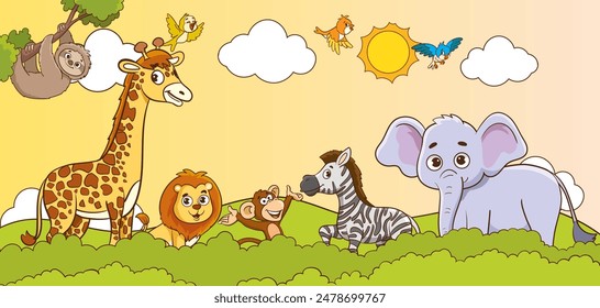 African animals in the jungle. Cute cartoon animals. Set of animals.