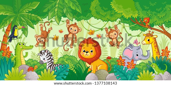 African animals in the jungle. Cute cartoon\
animals. Set of\
animals.