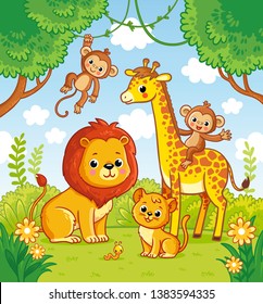 African Animals In The Jungle. A Lion And A Giraffe. Vector Monkey.