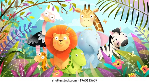 African animals jungle safari colorful cartoon for kids. Tropical forest or savanna with cute baby lion giraffe elephant and crocodile, funny exotic animals poster. Vector colorful illustration.