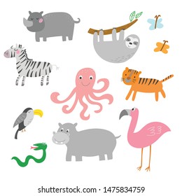 African animals, jungle tropical animals clipart, isolated vector set