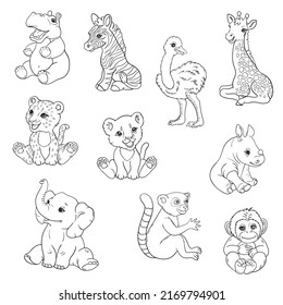 
African animals kids. Children's coloring book. Lion, elephant, giraffe, zebra, leopard. Black and white vector illustration for coloring in black and white. coloring page