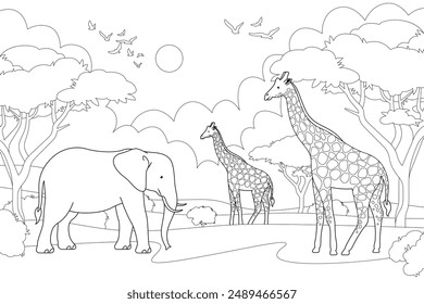 African animals landscape coloring page. Elephant and giraffe line art illustration. Nature of africa wildlife. Not merged, separate elements.