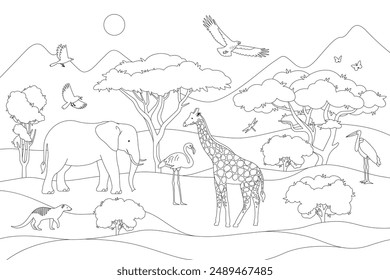 In: African Animals Landscape Coloring Page. Illustration der Liniengrafik. In: Natur of Africa Wildlife. Nicht zusammengeführt, separate Elemente.