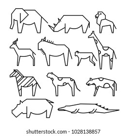 African animals line icons. Line art illustration. Elephant, rhinoceros, lion, monkey, gazelle, giraffe, wildebeest, zebra, cheetah, hyena, hippopotamus, crocodile.