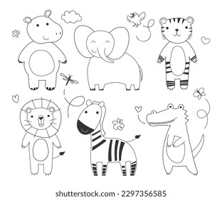 African animals linear drawing set , Vector illustrations of cute elephant, tiger, lion, hippopotamus, zebra and bird. tropical pack. EPS