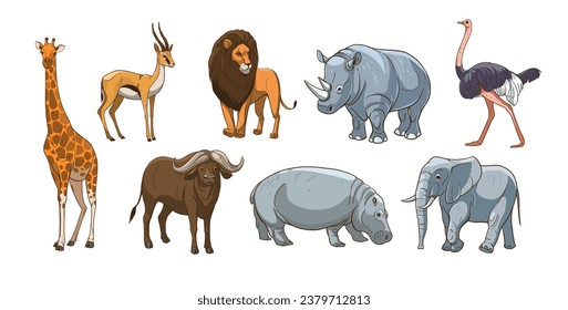 African animals, lion, elephant, gazelle, rhinoceros, cheetah, antelope, hippopotamus, rhinoceros, giraffe. Set of vector sketch illustrations