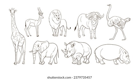 African animals, lion, elephant, gazelle, rhinoceros, cheetah, antelope, hippopotamus, rhinoceros, giraffe. Set of vector sketch illustrations