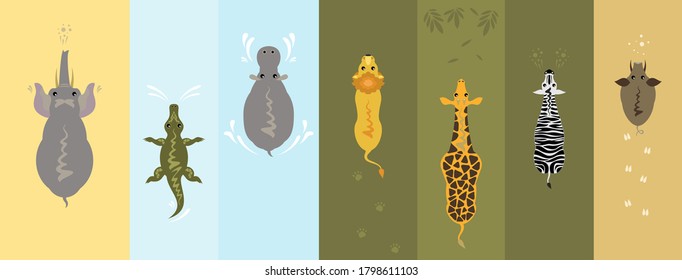 African animals: lion, giraffe, warthog, zebra, elephant, crocodile, hippopotamus. cartoon vector animals top view