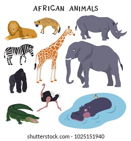 African Animals (lion, hyena, rhinoceros, zebra, giraffe, elephant, gorilla, ostrich, crocodile, hippopotamus)