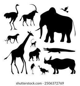 African animals mammals and birds and crocodile. Vector black silhouette collection.