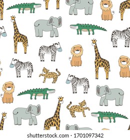 African animals with medical mask medical coronavirus epidemic virus hand drawn vector seamless pattern for kids