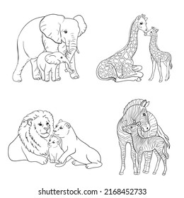 African animals. Mom and baby. Lion, elephant, giraffe, zebra. Black and white vector illustration for coloring in black and white