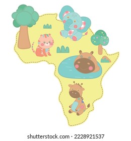 African animals in the nature. Map of Africa with wild animals.  African animals living in savannah. The fauna of Africa.