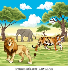 African animals in the nature. Vector illustration