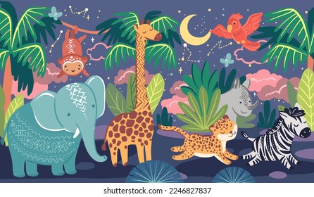 African animals in night safari, vector hand drawn illustration for kid nursery wall mural