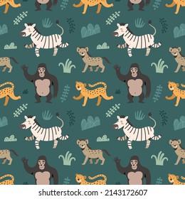 African animals pattern, zebra and jaguar hand drawn illustrations, cartoon exotic animals, trendy zoo print for children, stylized safari mammals, good ad textile ornament or wrapping repeat print