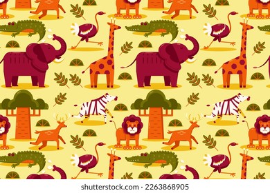 African animals. Patterns of elephant, lion, giraffe, gazelle, antelope, crocodile, ostrich, and zebra