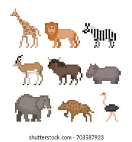 African animals. Pixel art icon set. Old school computer graphic style.