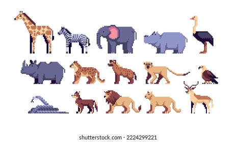 African Animals pixel art set. Safari wildlife collection. Savanna species. 8 bit sprite. Game development, mobile app.  Isolated vector illustration.