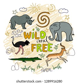 African animals and plants. Safari animals pattern.