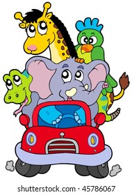 African animals in red car - vector illustration.