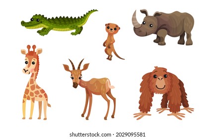 African Animals with Rhinoceros and Giraffe Vector Set