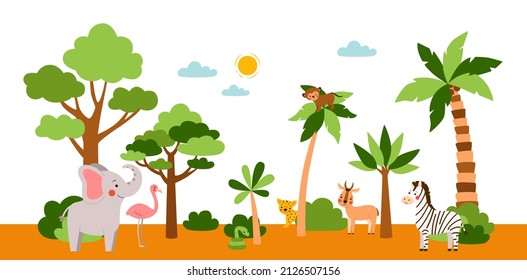 Banner horizontal de safari para animales africanos. Personajes jóvenes en el paisaje tropical. Ilustración vectorial dibujada en estilo plano