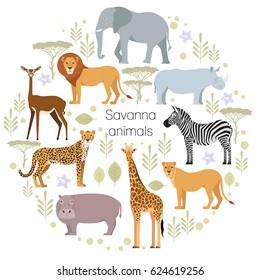 African animals of savanna: elephant, rhino, giraffe, cheetah, zebra, lion, hippo isolated cartoon vector illustration for a book