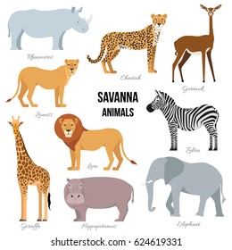 African animals of savanna: elephant, rhino, giraffe, cheetah, zebra, lion, hippo isolated cartoon vector illustration for a book