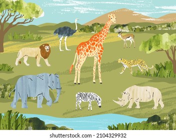 African animals of savanna with landscape. Nature background.Vector set with elephant, leopard, ostrich, gazella, rhino, giraffe, zebra, lion. Collection for touristic, safari, zoo and book