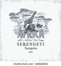 African animals in the savanna, Tanzania, Serengeti, in blue color, vintage, illustration, vector