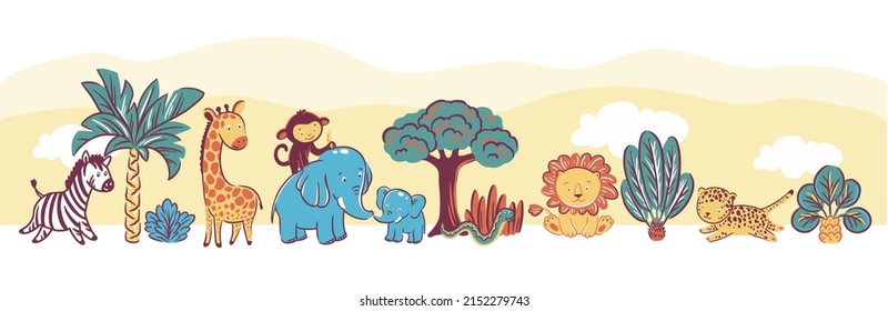 African animals in savannah.Kid nursery mural wallpaper. Vector hand drawn illustrations