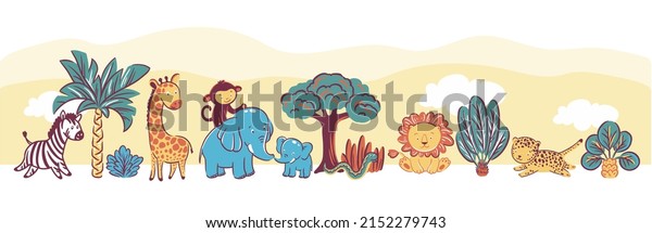 African animals in savannah. Kid nursery mural wallpaper. Vector hand drawn illustrations.